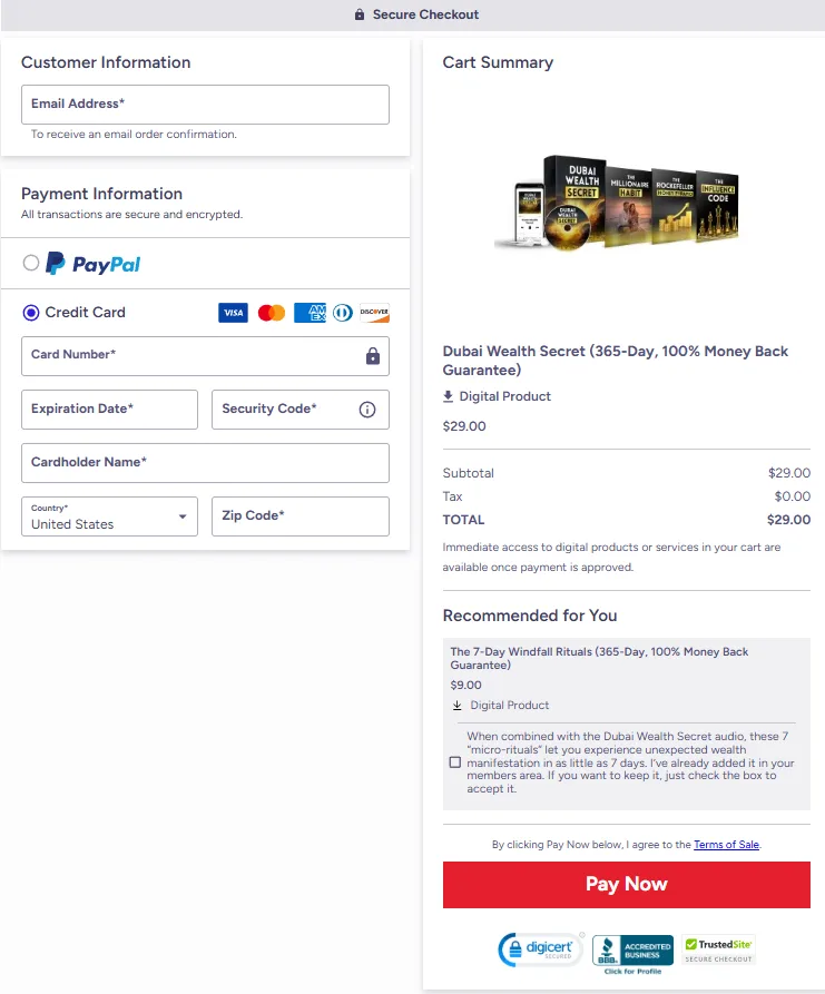 Dubai Wealth Secret secure checkout page showing payment options and order summary