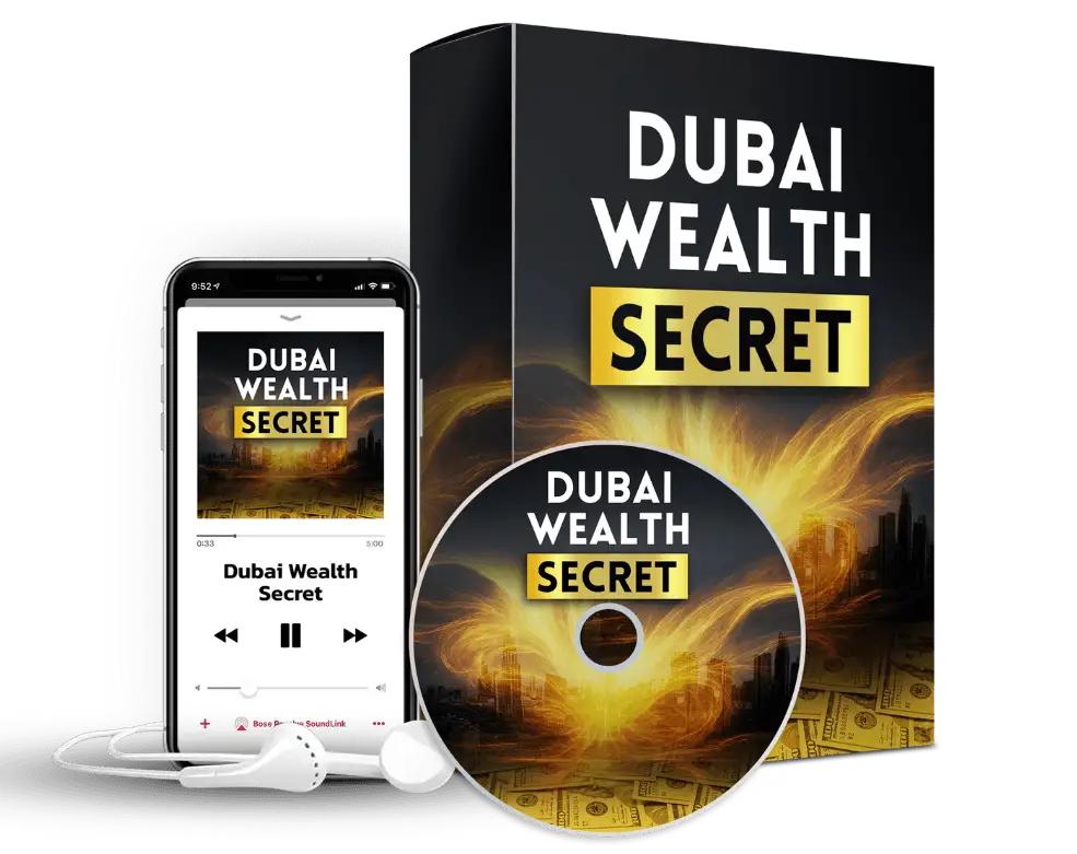 Dubai Wealth Secret digital audio program displayed on mobile, CD, and product box