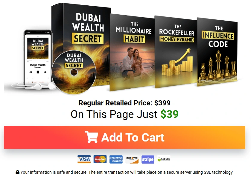 Dubai Wealth Secret current seller promotional graphic showing a 39 dollar page offer
